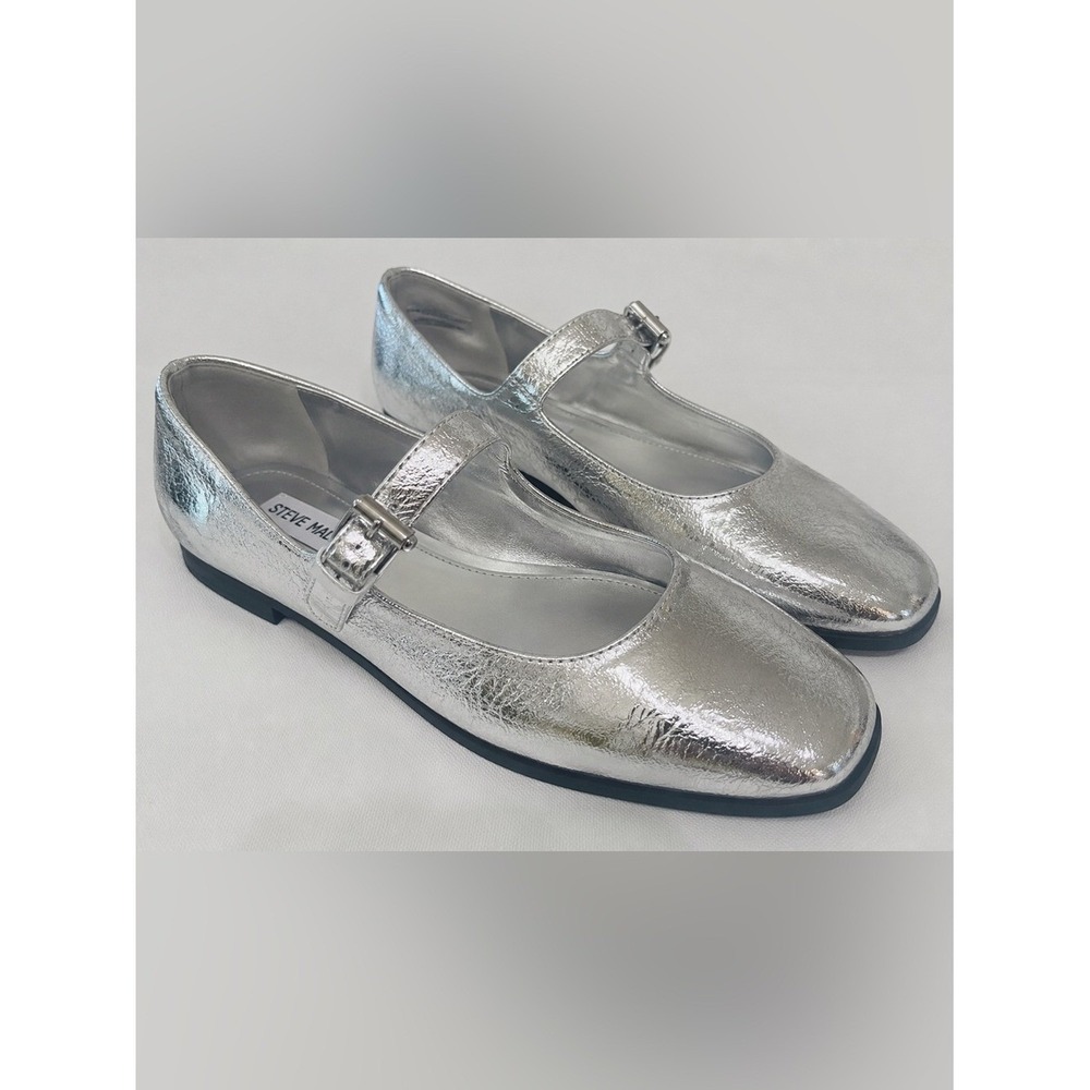 Steve Madden Solanna Metallic Mary Jane Flats Silver Leather Women's Size 8